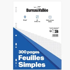 Bureau Vallée - Feuilles Simples - 300 pages - A4 - Petits carreaux - Perforées