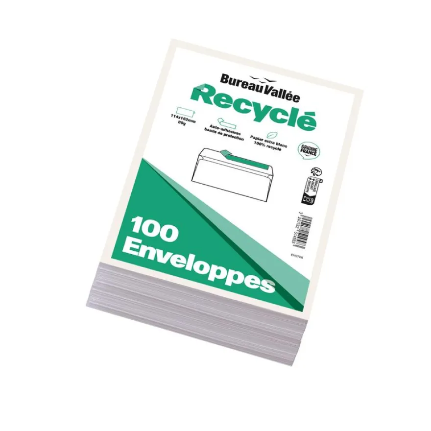 Bureau Vallée Recyclé - 100 Enveloppes - C6 114x162 - 80 g/m² - blanc - bande adhésive