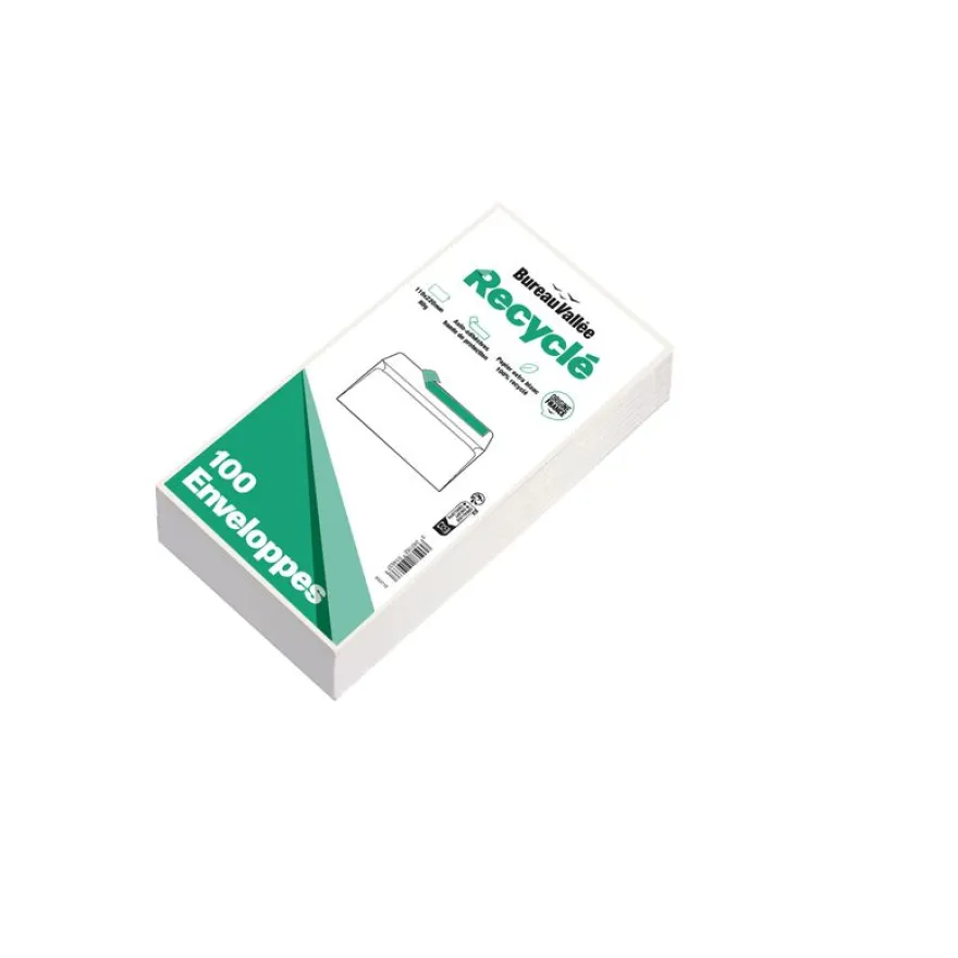 Bureau Vallée Recyclé - 100 Enveloppes - DL 110x220 - 80 g/m² - blanc - bande adhésive