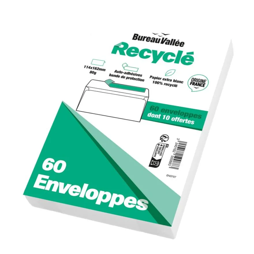 Bureau Vallée Recyclé - 60 Enveloppes - C6 114x162 - 80 g/m² - blanc - bande adhésive
