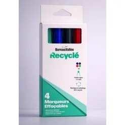 Bureau Vallée Recyclé – 4 marqueurs effaçables pointe large – Assortiment de 4 couleurs