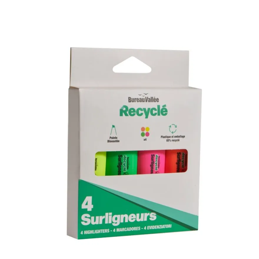 Bureau Vallée Recyclé - 4 surligneurs - Jaune, orange, vert et rose