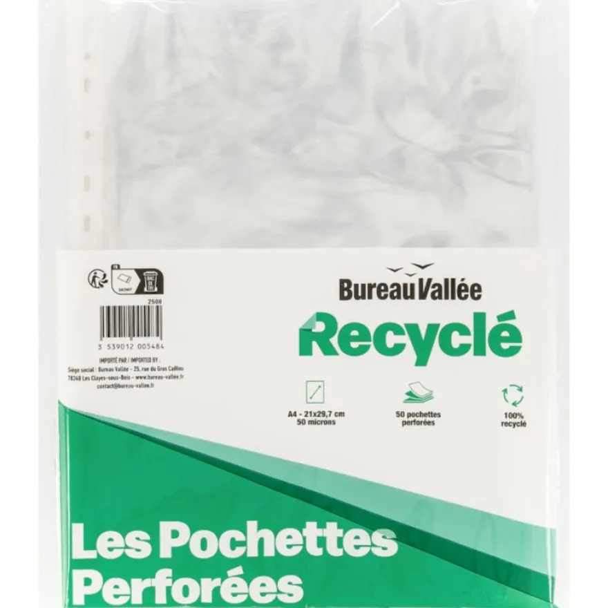 Bureau Vallée Recyclé - Lot de 50 Pochettes Perforées A4 Polypropylène 100% Recyclé - Lisses 5/100
