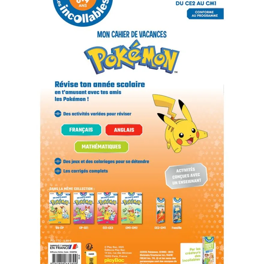 Cahier de vacances 2026 Pokémon - Les incollables - CE2 au CM1 - 8/9 ans