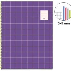 Cahier Miquelrius A4 violet - 100 feuilles 70 g/m² - quadrillé 5×5 - spirale - microperforé 4 trous - pour les cours et projets
