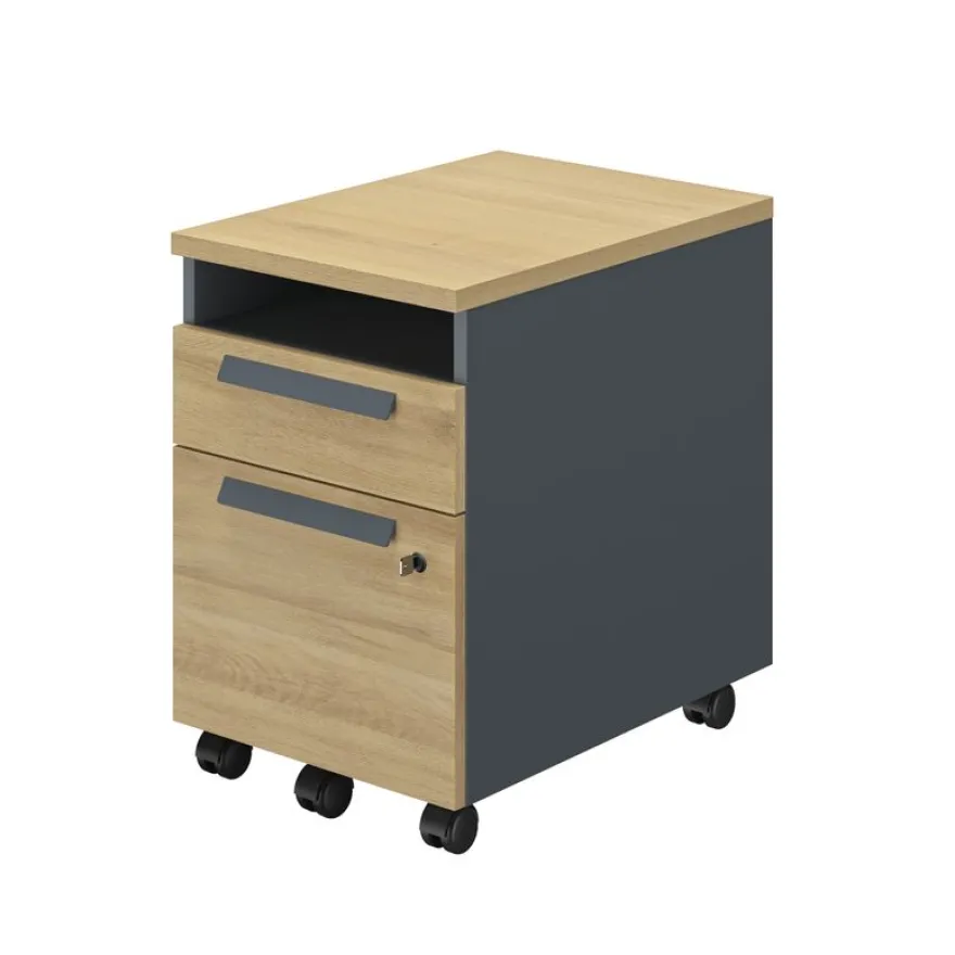Caisson mobile ARCADE - Profondeur 60 cm - 2 tiroirs/1 niche - chêne/anthracite