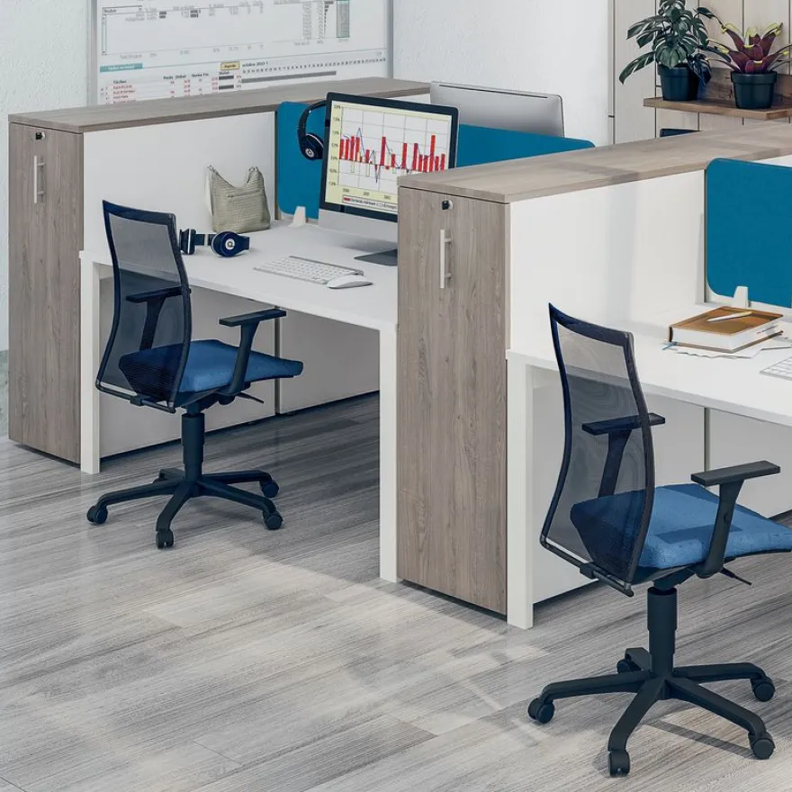 Caisson TOWER - L44 x H114 x P80 cm - 3 tablettes + 1 support DS réglable - structure blanc perle - dessus et façade bleu argile