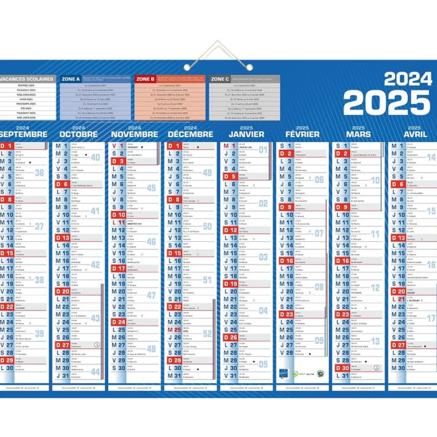 Calendrier bancaire 8 mois par face - 40,5 x 55 cm - bleu - Bouchut