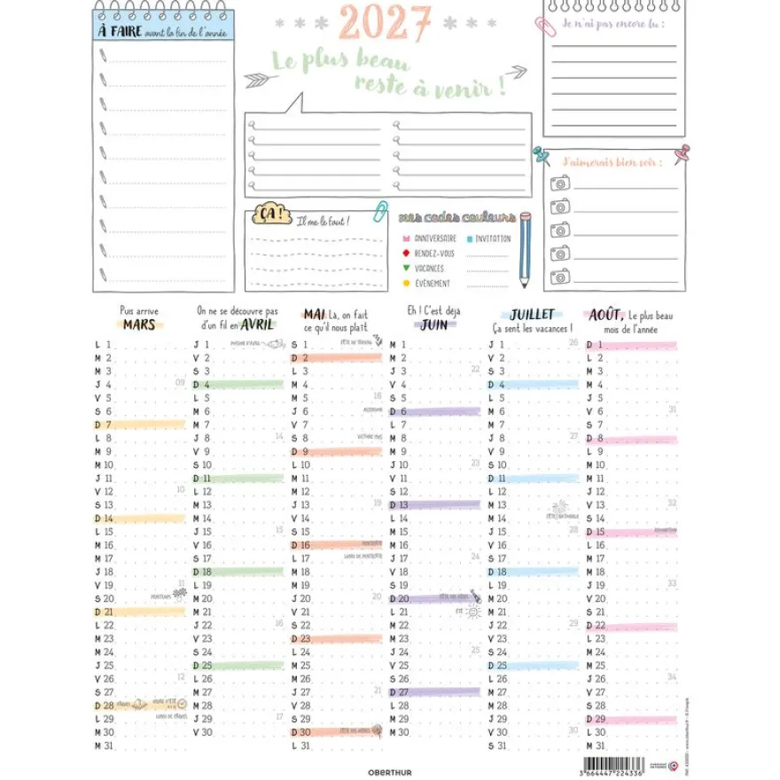 Calendrier Bullet - papier recyclé - 6 mois par face - 32 x 42 cm - Oberthur