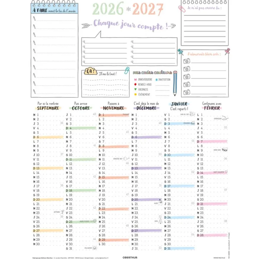 Calendrier Bullet - papier recyclé - 6 mois par face - 32 x 42 cm - Oberthur
