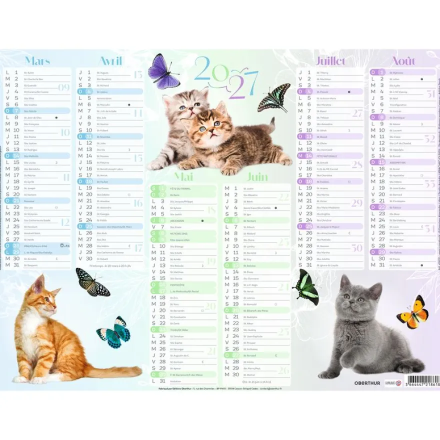 Calendrier Chaton - 6 mois par face - 32 x 42 cm - Oberthur
