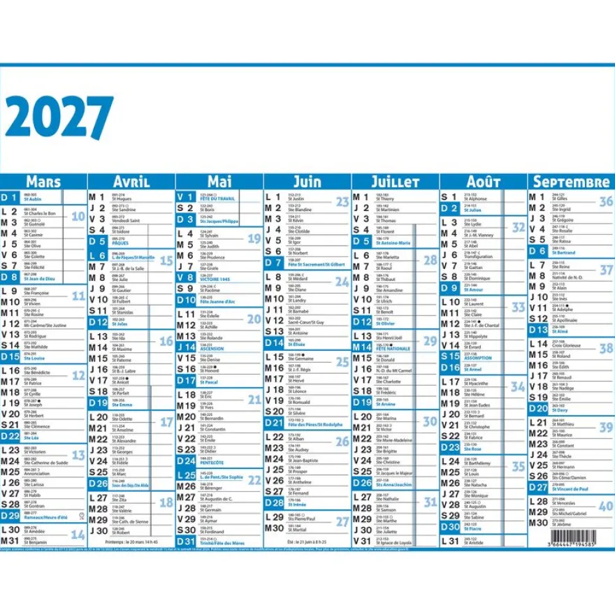 Calendrier Classic - 7 mois par face - 55 x 43 cm - bleu - Oberthur