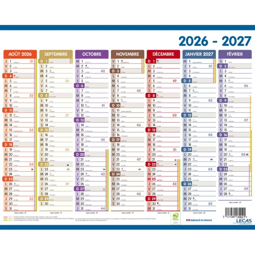 Calendrier Classique Color LECAS - 42x32 cm - 1 année sur 2 faces - Hamelin