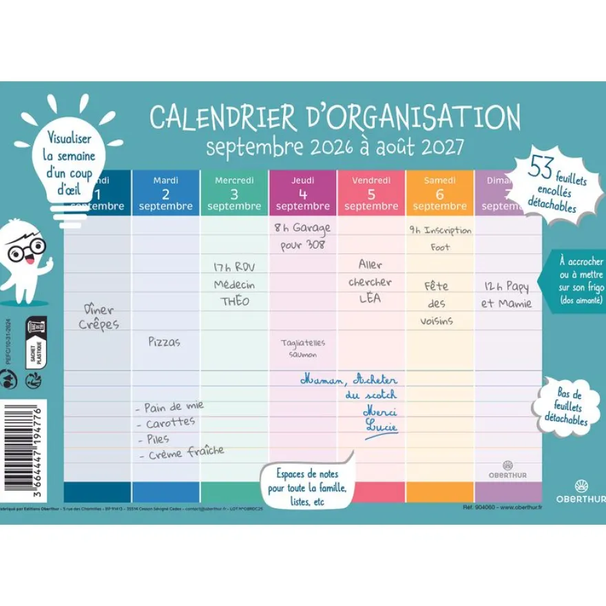 Calendrier d'organisation Hebdo Planning - 18 x 23 cm - 52 feuillets - Oberthur