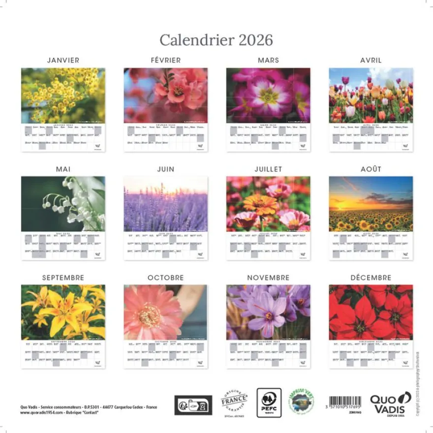 CALENDRIER FEUILLES FR - Fleurs - 30x30 cm - Quo Vadis