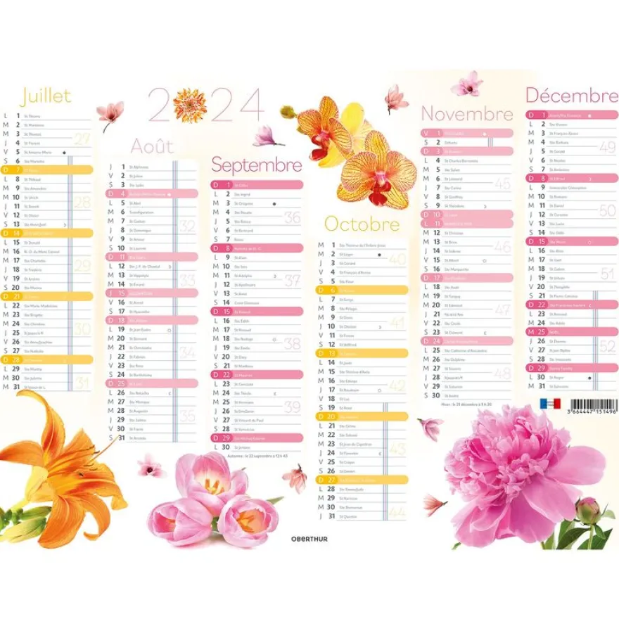 Calendrier Fleurs - 6 mois par face - 32 x 42 cm - Oberthur
