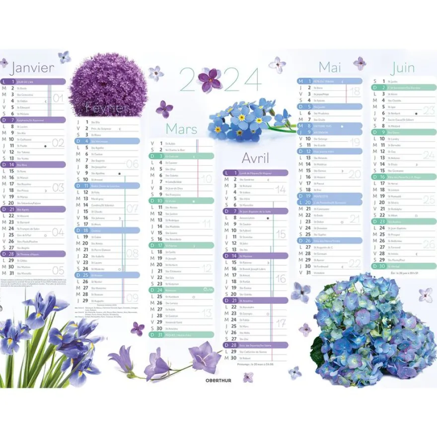 Calendrier Fleurs - 6 mois par face - 32 x 42 cm - Oberthur