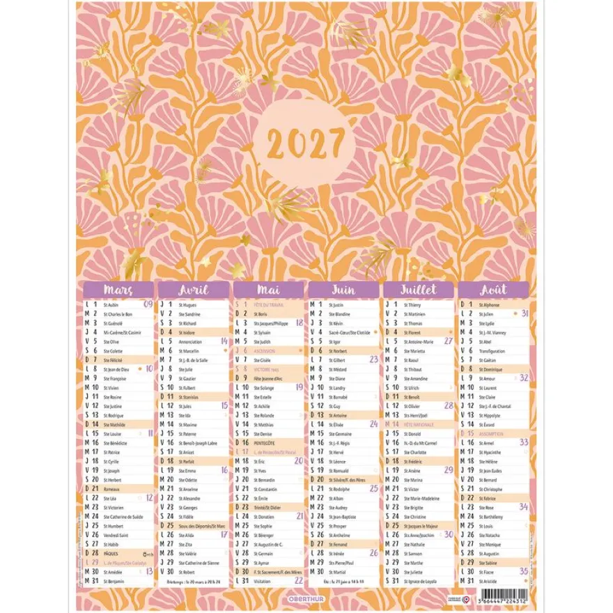 Calendrier Fleurs rétro - 6 mois par face - 21 x 26,5 cm - Oberthur