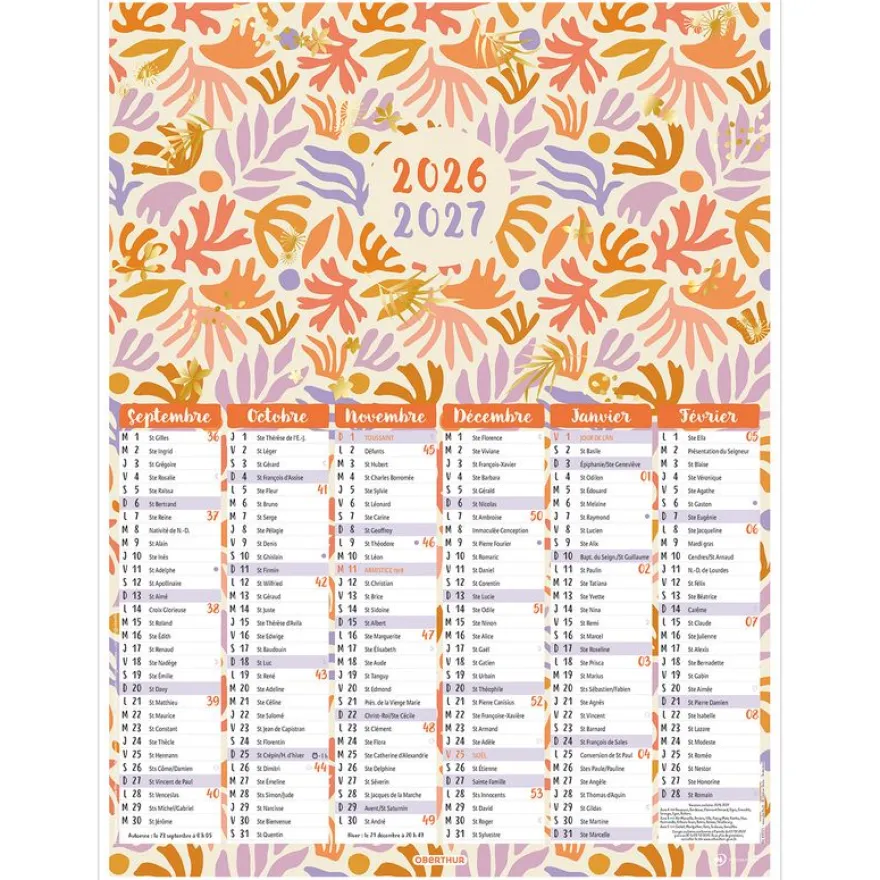 Calendrier Fleurs rétro - 6 mois par face - 21 x 26,5 cm - Oberthur