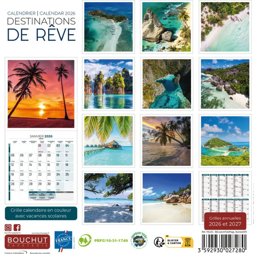 Calendrier illustré BOUCHUT 15 x 15 cm DESTINATIONS DE REVE Pefc 70 %