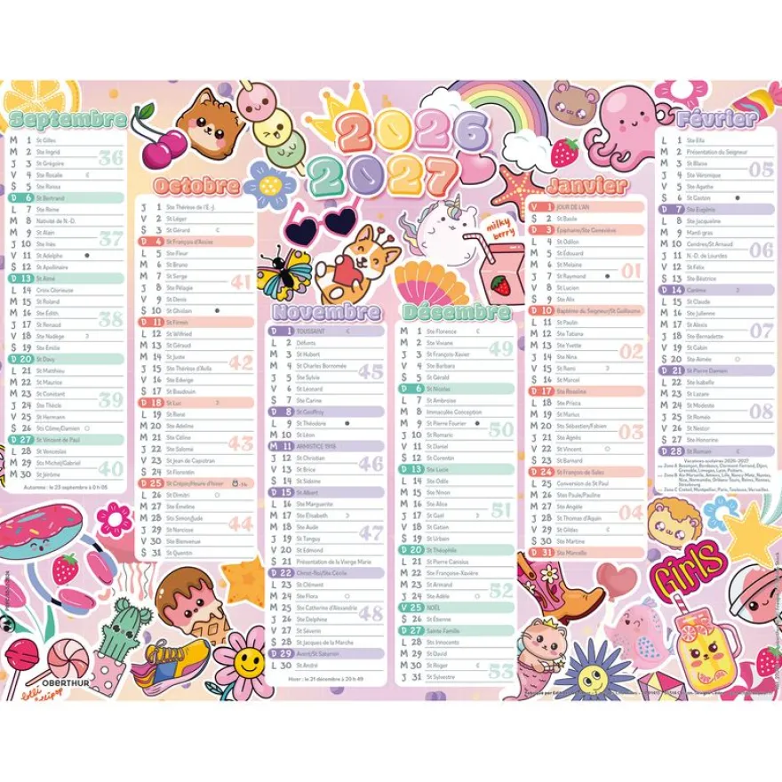 Calendrier Kawai - 6 mois par face - 21 x 26,5 cm - Oberthur
