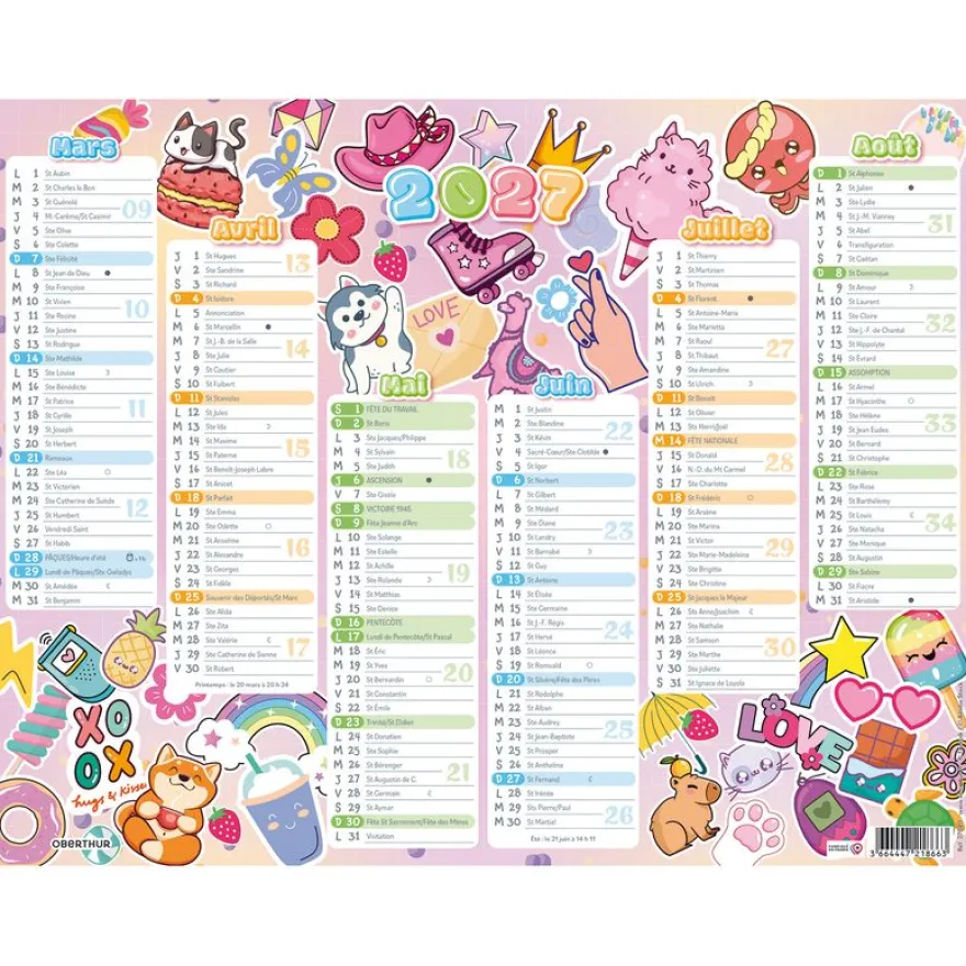 Calendrier Kawai - 6 mois par face - 21 x 26,5 cm - Oberthur