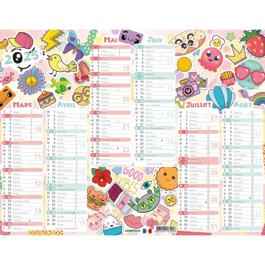 Calendrier Kawaii - 6 mois par face - 32 x 42 cm - Oberthur