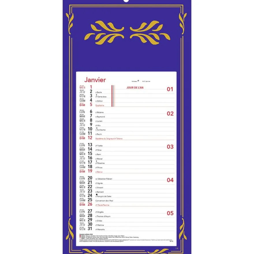 Calendrier mensuel en papier sur plaque skytos - 16 x 33 cm - disponible dans différentes couleurs - Oberthur