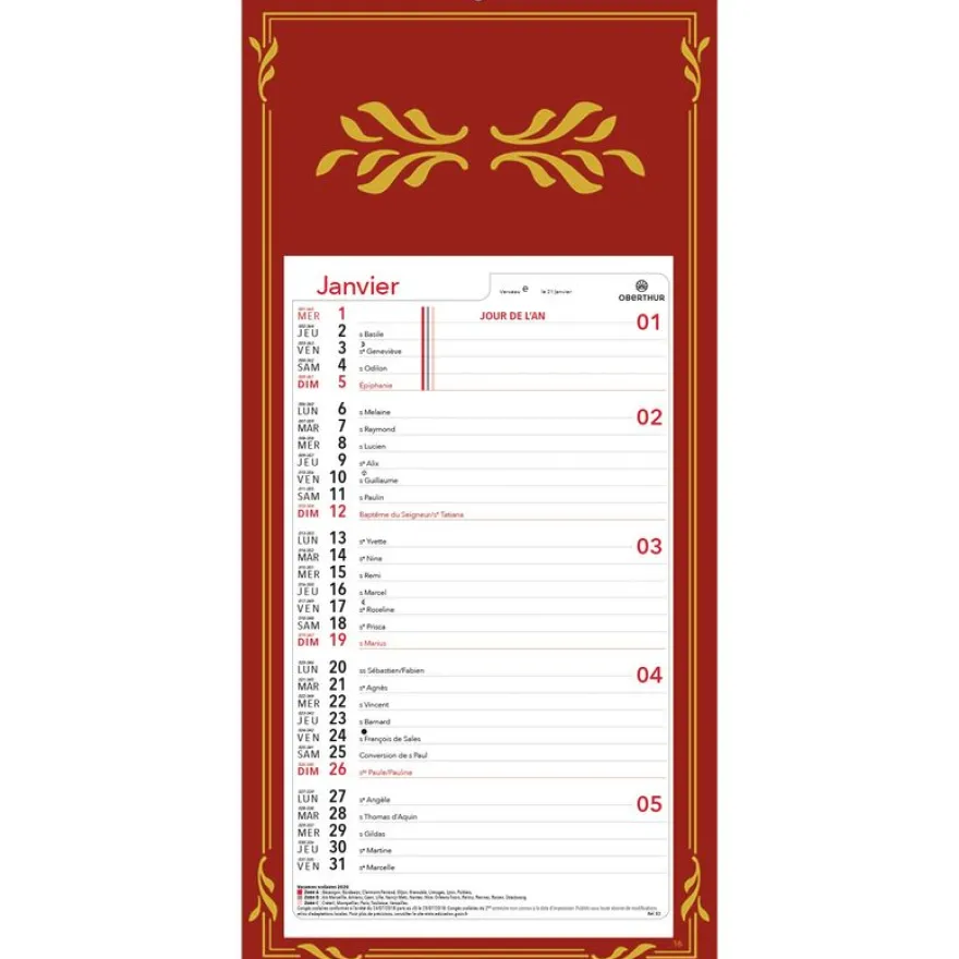 Calendrier mensuel en papier sur plaque skytos - 20 x 41 cm - disponible dans différentes couleurs - Oberthur