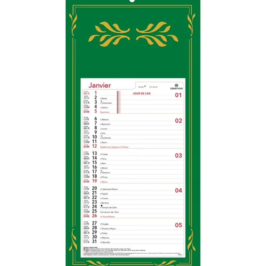 Calendrier mensuel en papier sur plaque skytos - 20 x 41 cm - disponible dans différentes couleurs - Oberthur