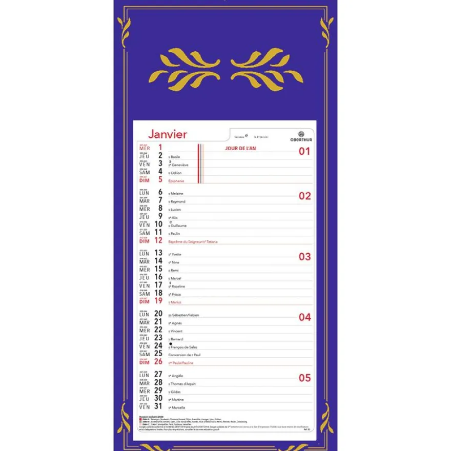 Calendrier mensuel en papier sur plaque skytos - 20 x 41 cm - disponible dans différentes couleurs - Oberthur