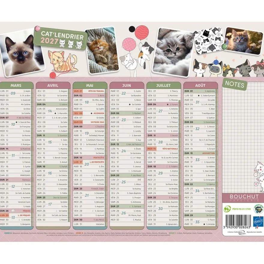 Calendrier Mini - 21 x 26,5 cm - Bouchut