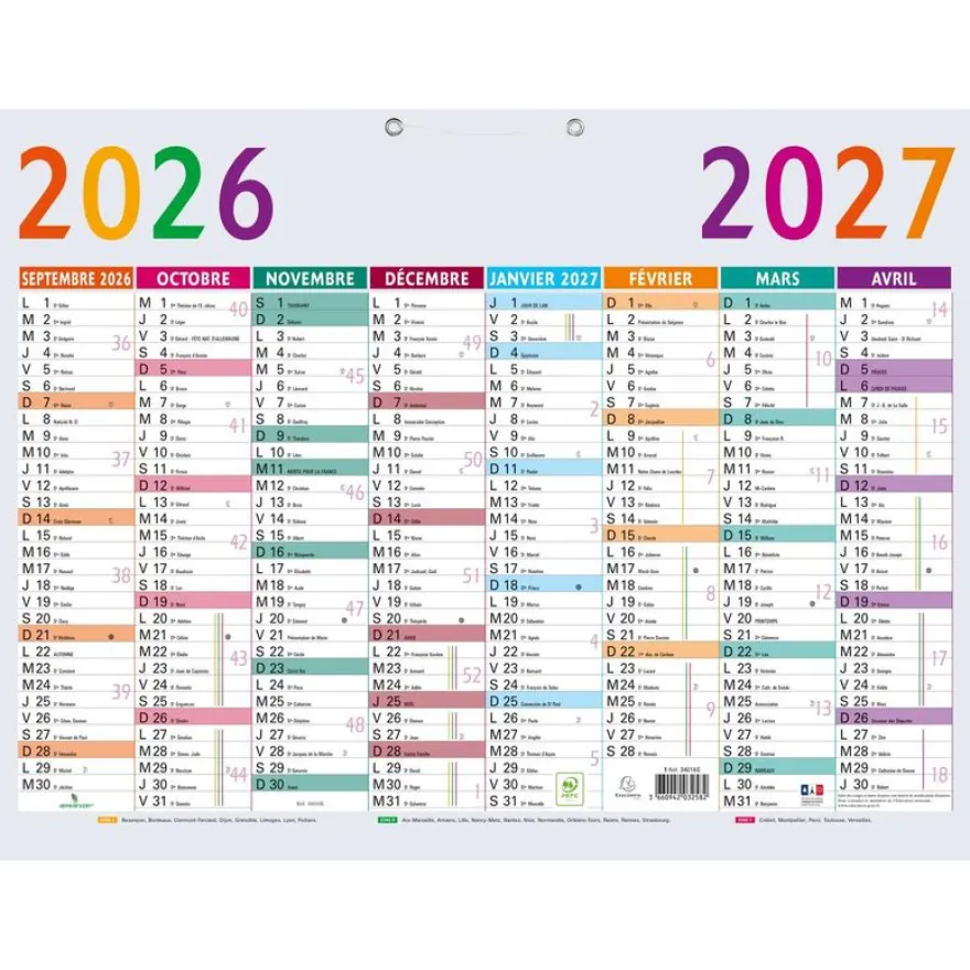 Calendrier Multicolore - 8 mois par face - 55 x 40,5 cm - 16 mois - Exacompta