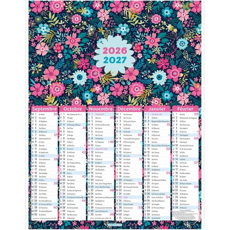 Calendrier Petites Fleurs - 6 mois par face - 21 x 26,5 cm - Oberthur