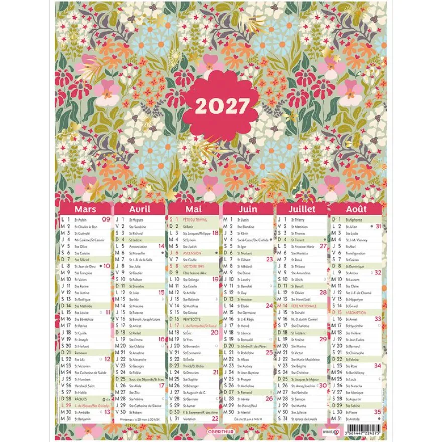 Calendrier Petites Fleurs - 6 mois par face - 21 x 26,5 cm - Oberthur