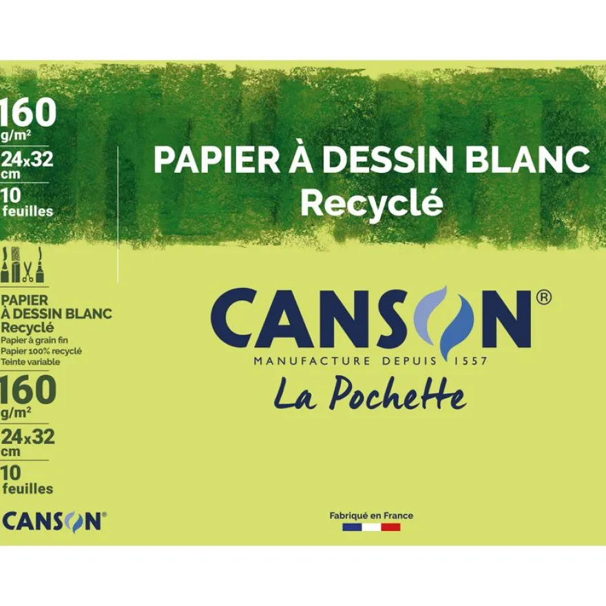 Canson - Pochette papier à dessin recyclé - 10 feuilles - 24 x 32 cm - 160 gr - blanc
