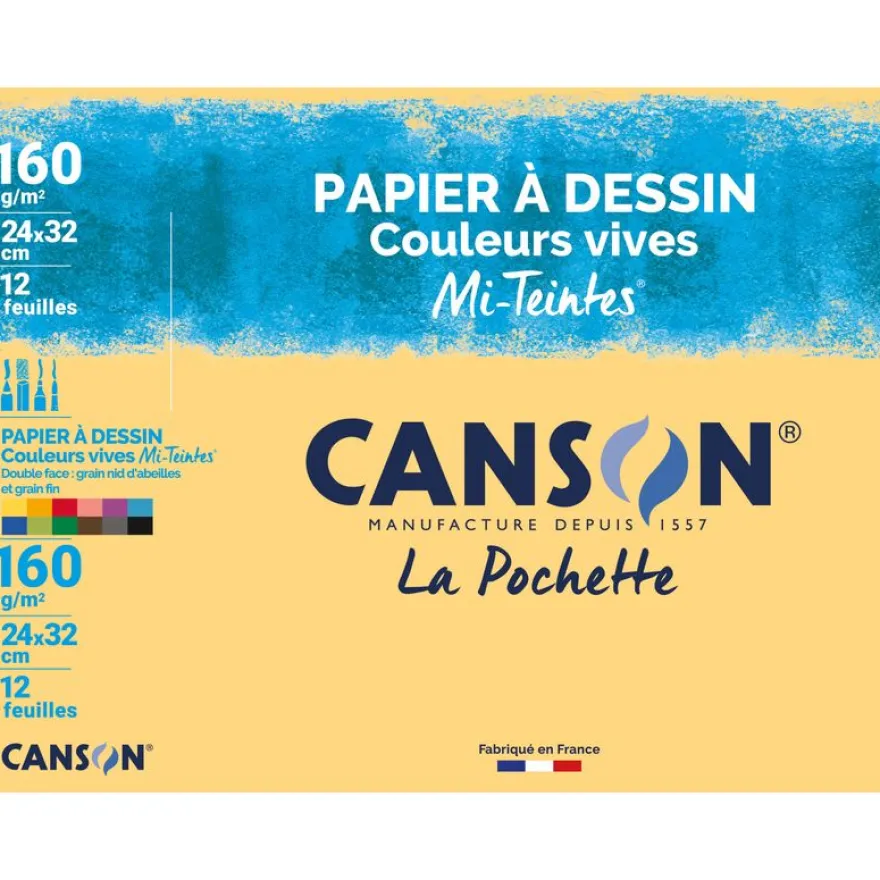 Canson - Pochette papier à dessin couleur - 12 feuilles - 24 x32 cm - 160 gr - mi-teintes vives