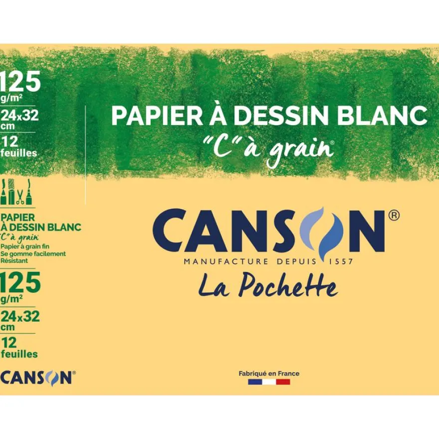 Canson C à grain - Pochette papier à dessin - 12 feuilles - 24 x 32 cm - 125 gr - blanc