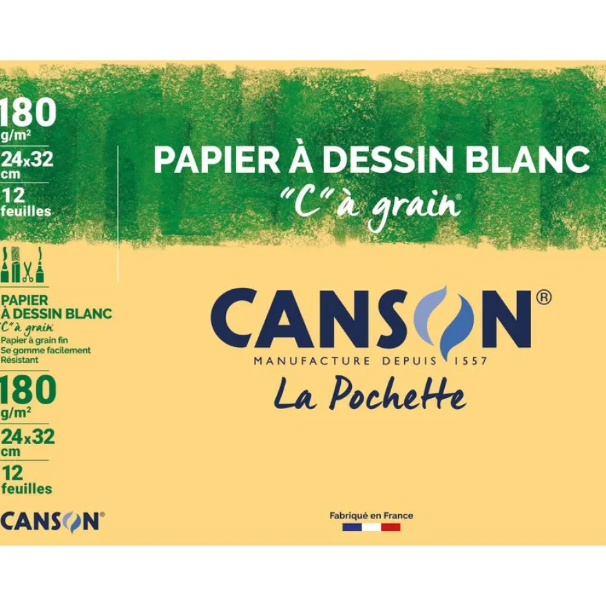 Canson C à grain - Pochette papier à dessin - 12 feuilles - 24 x 32 cm - 180 gr - blanc