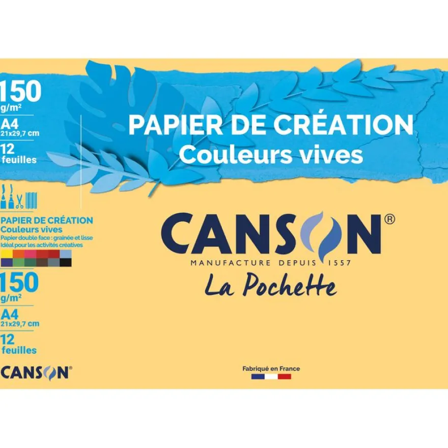 Canson Création - Pochette papier à dessin - 12 feuilles - A4 - 150 gr - couleurs vives