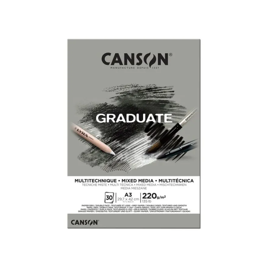 Canson Graduate Mix Media - Bloc dessin - 30 feuilles - A3 - 220 gr - gris
