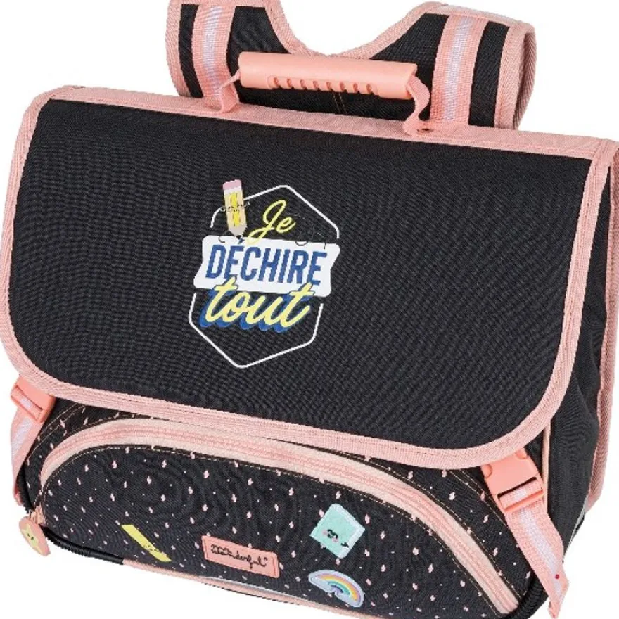 Cartable Mr Wonderful 38 cm - 2 compartiments - gris chiné et corail - Oberthur