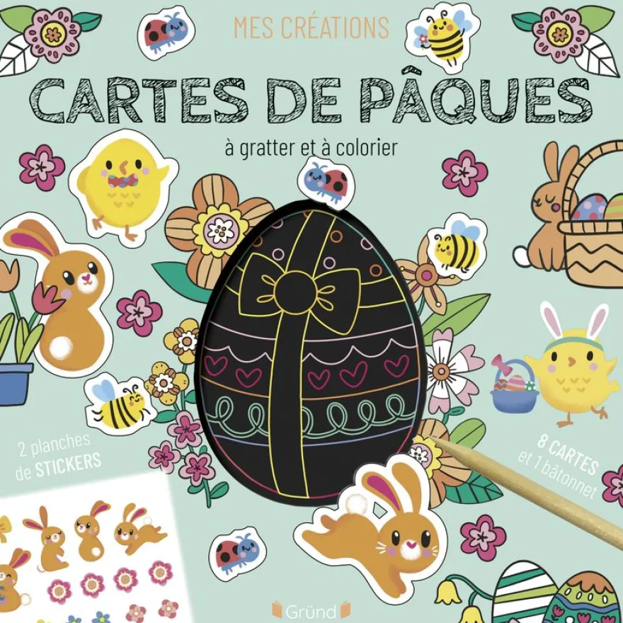 Cartes à gratter et à colorier Pâques Pochette avec 4 cartes à gratter, 4 cartes à colorier, 2 planches de stickers et un bâtonnet À partir de 6 ans