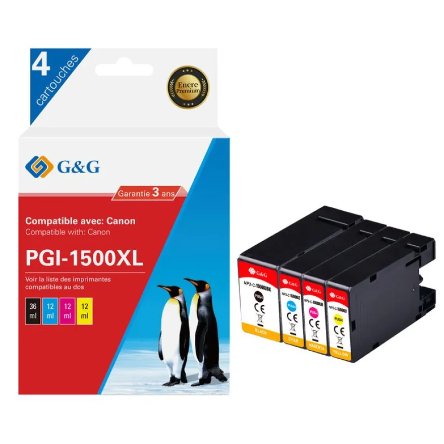 Cartouche compatible Canon PGI-1500XL - Pack de 4 - noir, cyan, magenta, jaune - G&G