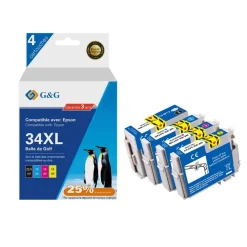 Cartouche compatible Epson 34XL Balle de golf - Pack de 4 - noir, cyan, magenta, jaune - G&G