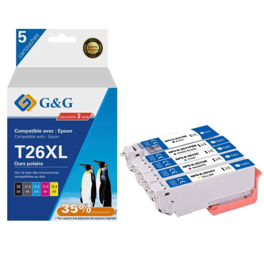 Cartouche compatible Epson 26XL Ours Polaire - Pack de 4 - noir, cyan, magenta, jaune - G&G