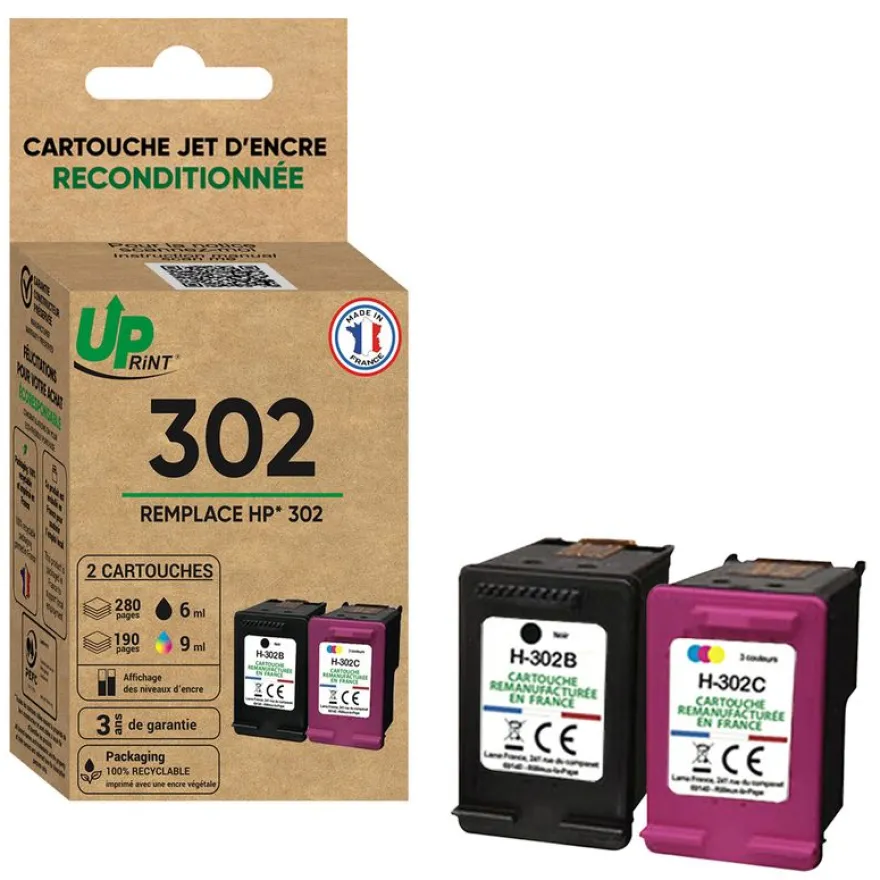 Cartouche remanufacturée HP 302 - pack de 2 - noir, cyan, magenta, jaune - Uprint