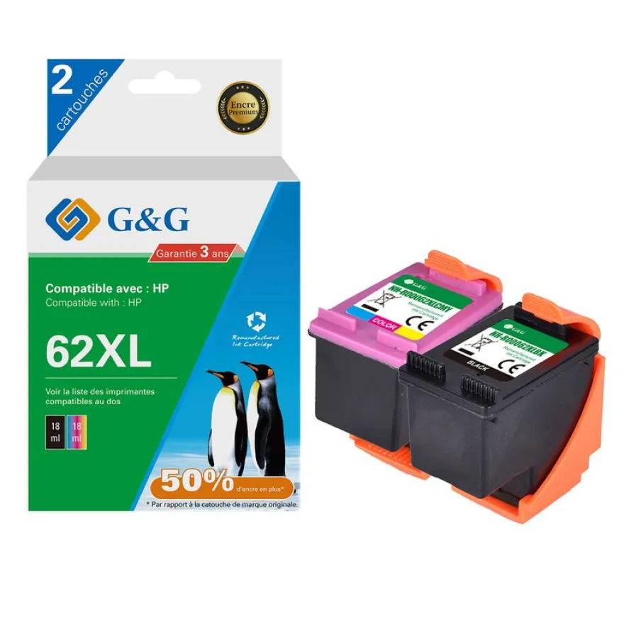 Cartouche remanufacturée HP 62XL - Pack de 2 - noir, cyan, magenta, jaune - G&G