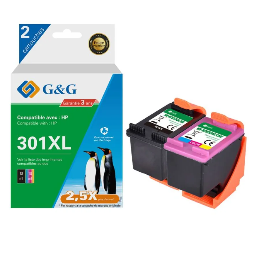 Cartouche remanufacturée HP 301XL - Pack de 2 - noir, cyan, magenta, jaune - G&G