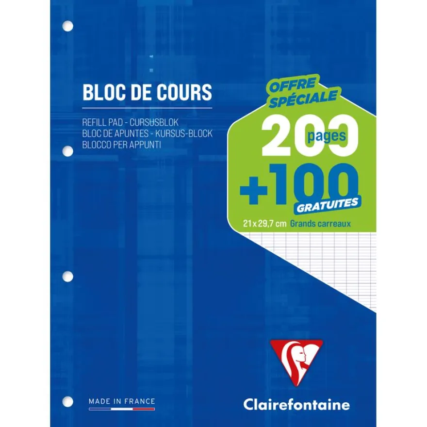 Clairefontaine - Bloc de cours - A4 - 300 pages - grands carreaux (Seyes) - perforé
